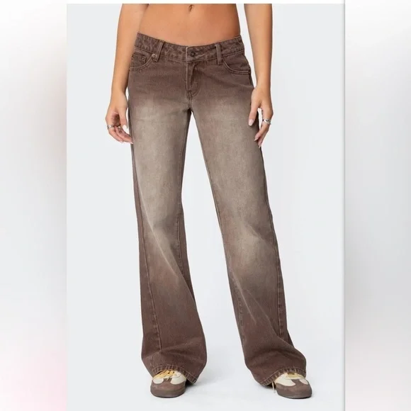 Edikted Brown Flare Wide Leg Jeans with Vintage Look NWT - Picture 3 of 8